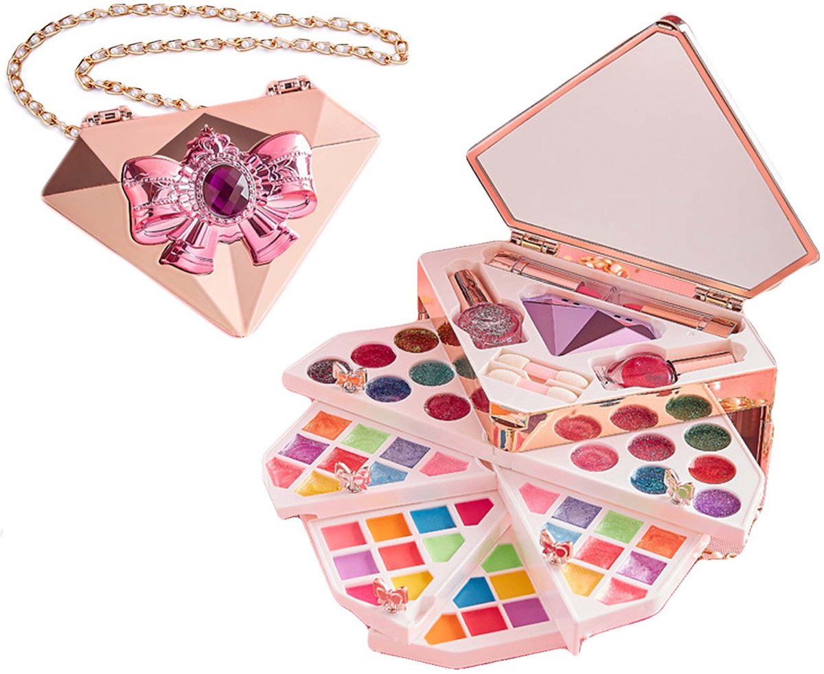 NAXSIR Prinses Diamant Make-upspeelset met Pop | 8-lagige Kinder Make-upkoffer met Kettingtas | Veilige Cosmetica voor Meisjes Rolspelen & Prinsesfeestjes